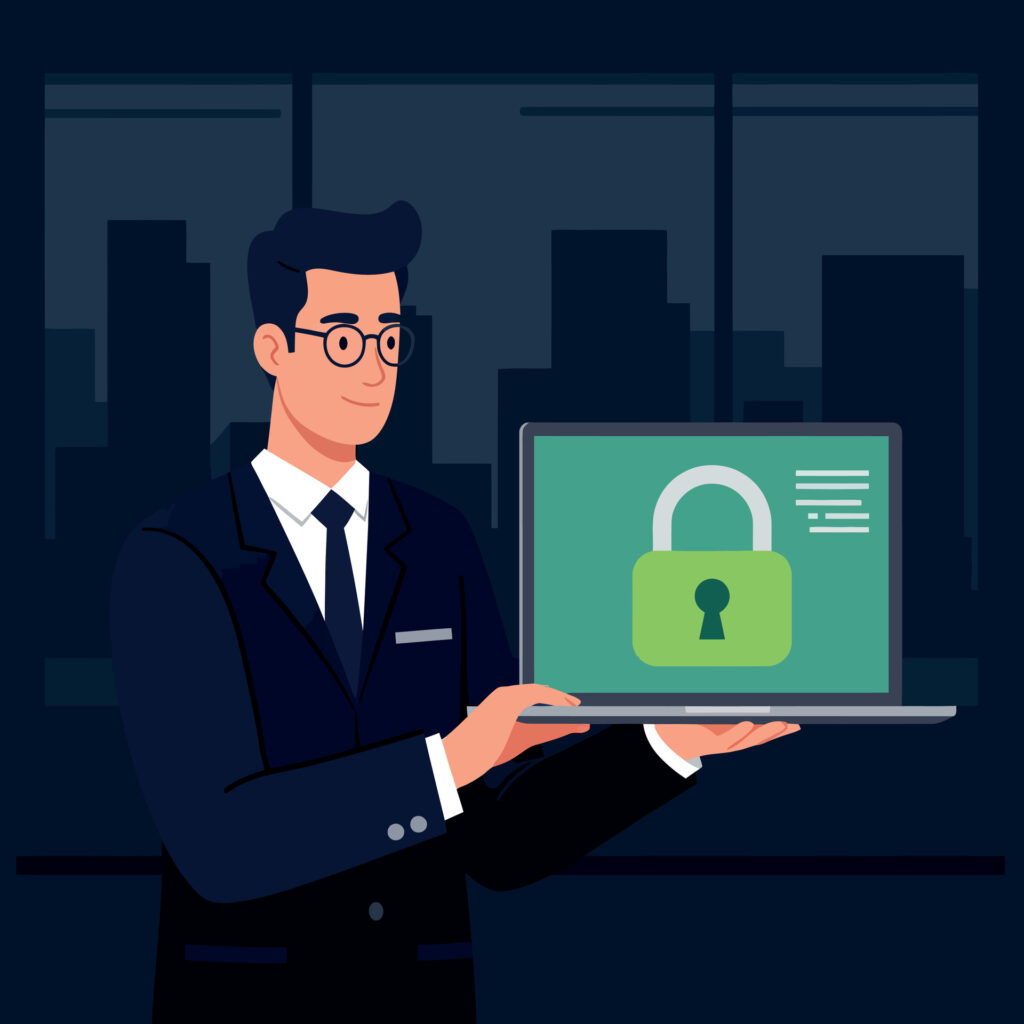 Cybersecurity expert assisting business with secure technology solutions